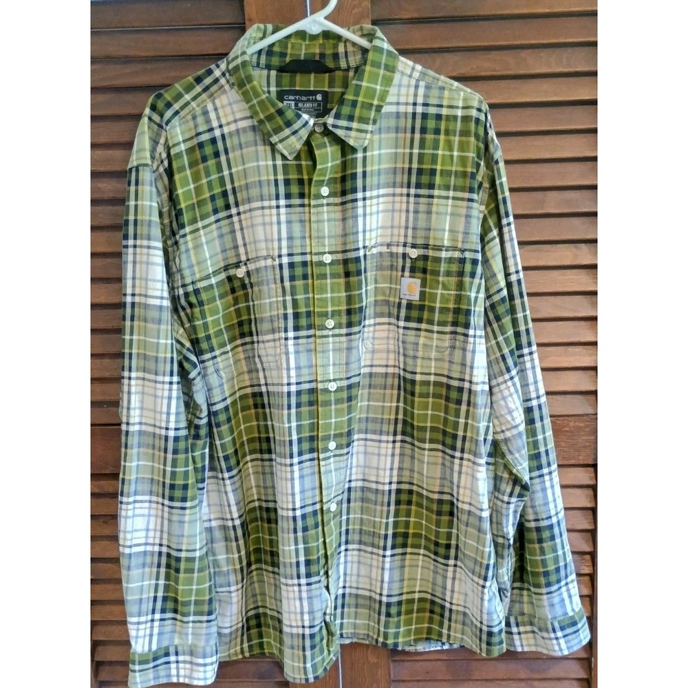 Carhartt Flannel Shirt Mens 2XL Tall Green Plaid Button Up Long Sleeve